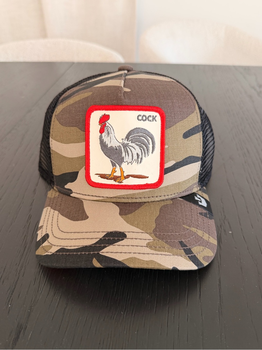 Goorin Bros Camo Trucker Hat with Red-Rim Rooster Patch